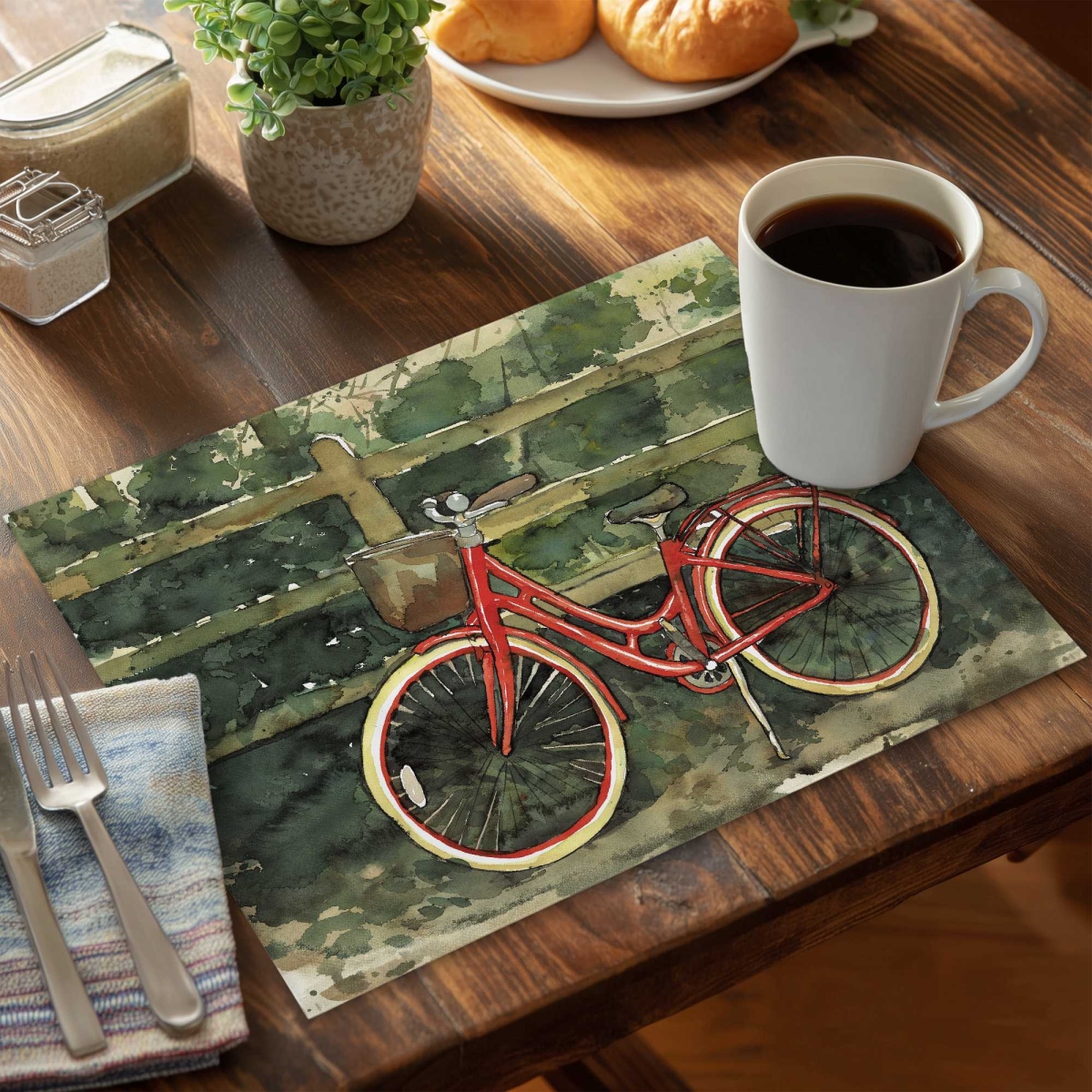Picture of Begin Home Decor C6PP1418RXU9AB 14 x 18 in. Riding in the Woods Bicycle Polyester Placemat - Home Decor - Set of 6