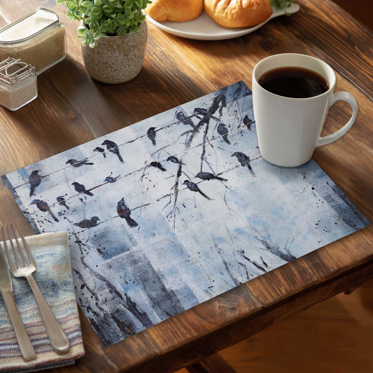 Picture of Begin Home Decor C6PP1418SIIEQX 14 x 18 in. Abstract Birds on Electric Wire - Polyester Placemat - Decor - Set of 6