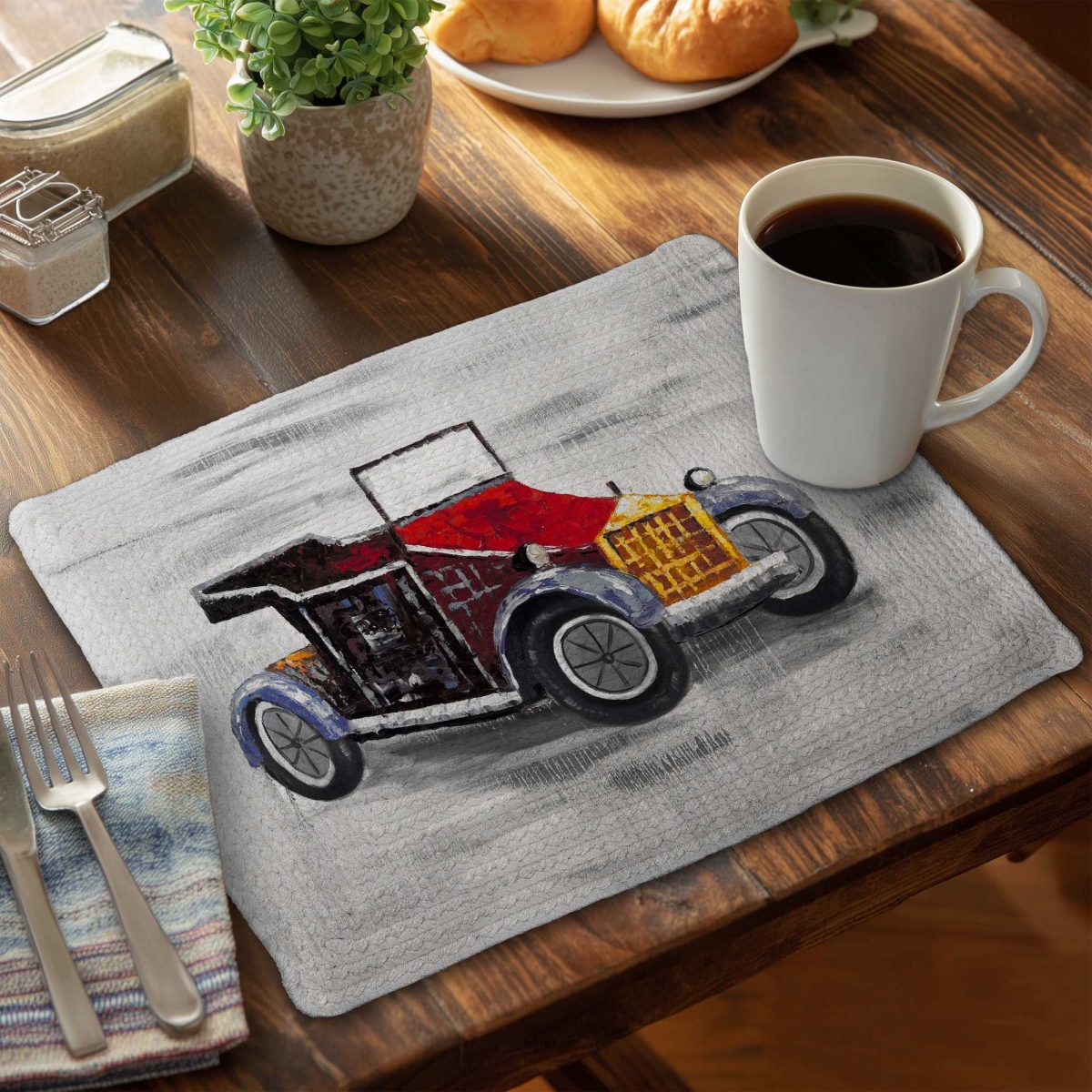 Picture of Begin Home Decor C4BP1418RU61RA 14 x 18 in. Vintage Car with Sunroof Braided Polyester Placemat - Decor - Set of 4
