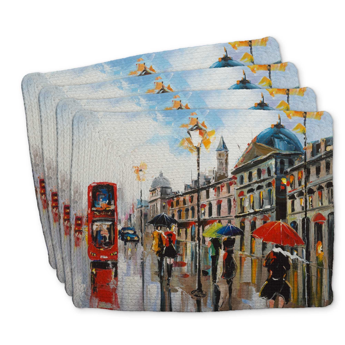 Picture of Begin Home Decor C4BP1418AG9YI1 14 x 18 in. Colorful Street with Red Bus Braided Polyester Placemat - Set of 4