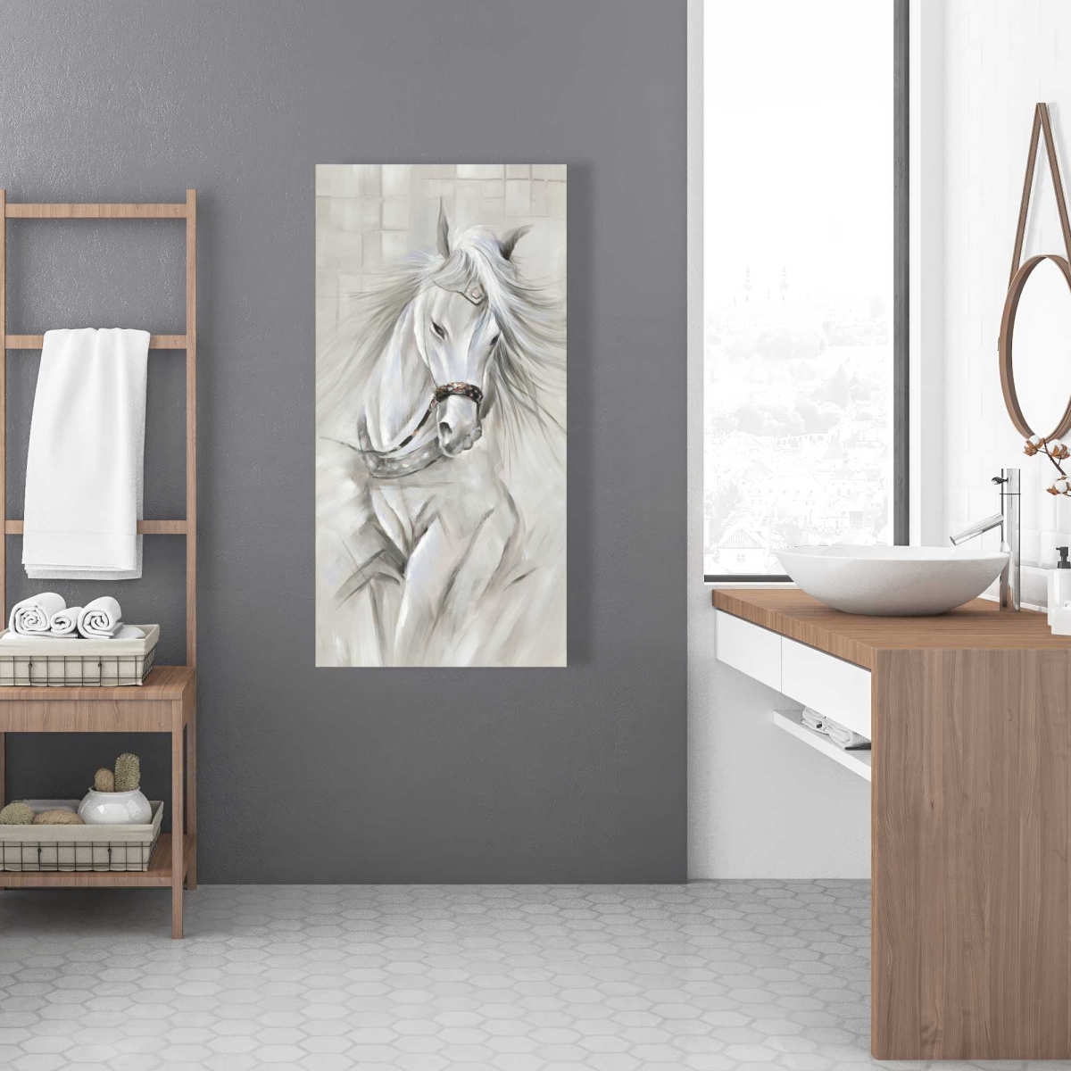 C1RC24486T3TP5 24 x 48 in. White Horse with Mane in Wind - Farm Animals Canvas Decor