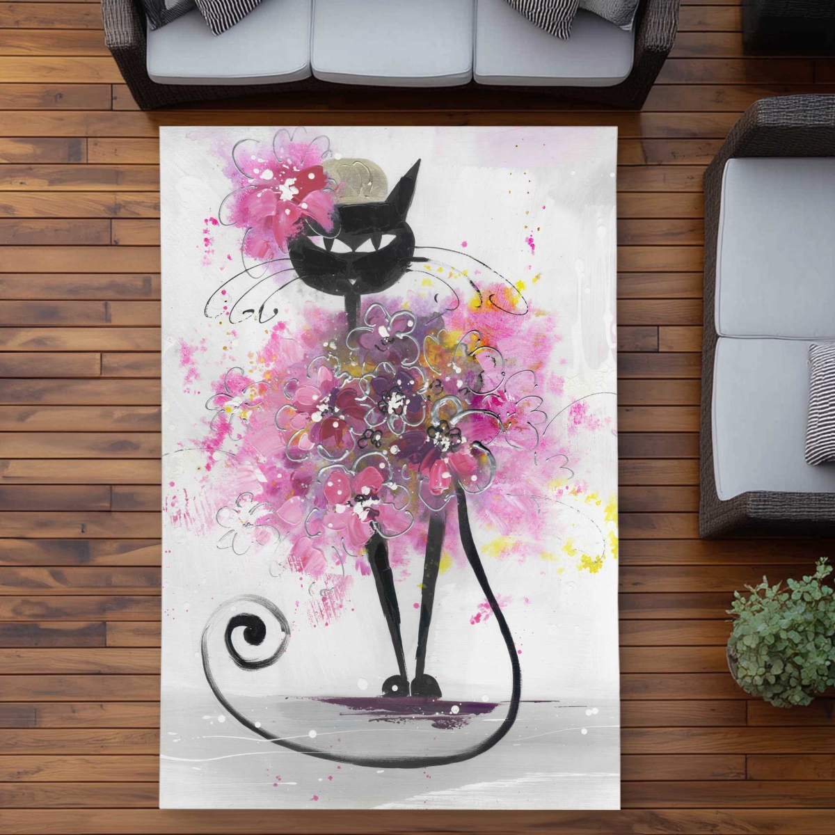 C1ROAR57U126ER 5 x 7 ft. Cartoon Cat with Pink Flowers - Outdoor Rectangle Area Rug