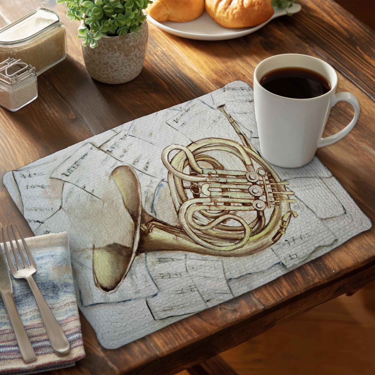 Picture of Begin Home Decor C4BP1418CWWJ9V 14 x 18 in. Horn on Music Sheet Braided Polyester Placemat - Home Decor - Set of 4