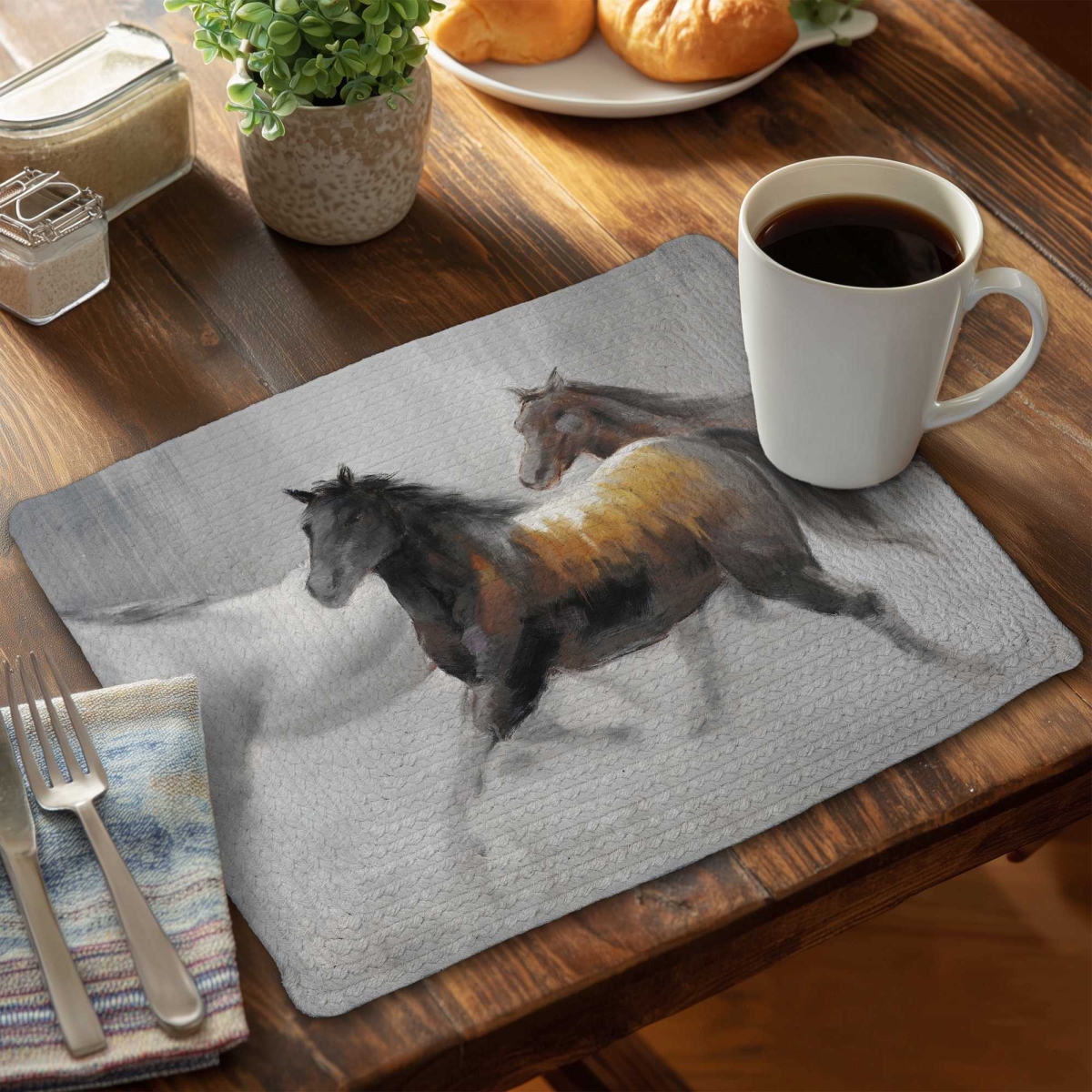Picture of Begin Home Decor C4BP1418DZYLHV 14 x 18 in. Herd of Wild Horses Braided Polyester Placemat - Home Decor - Set of 4