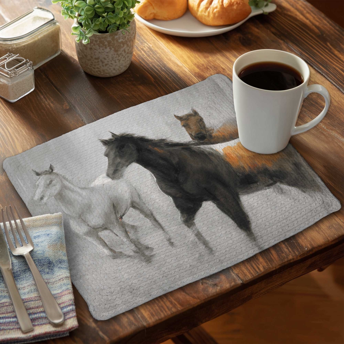 Picture of Begin Home Decor C4BP141832XFPU 14 x 18 in. Abstract Herd of Horses Braided Polyester Placemat - Decor - Set of 4