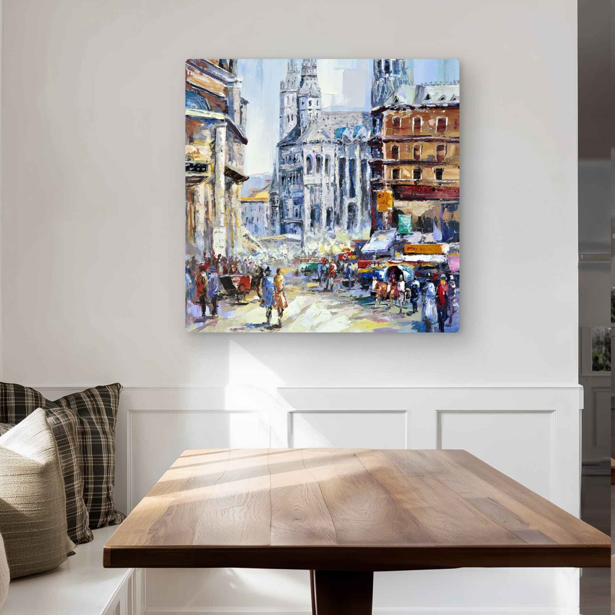 C1MP3232TURM8S 32 x 32 in. Busy Street by A Sunny Day Wall Art - Scenic Beige Metal Print Decor