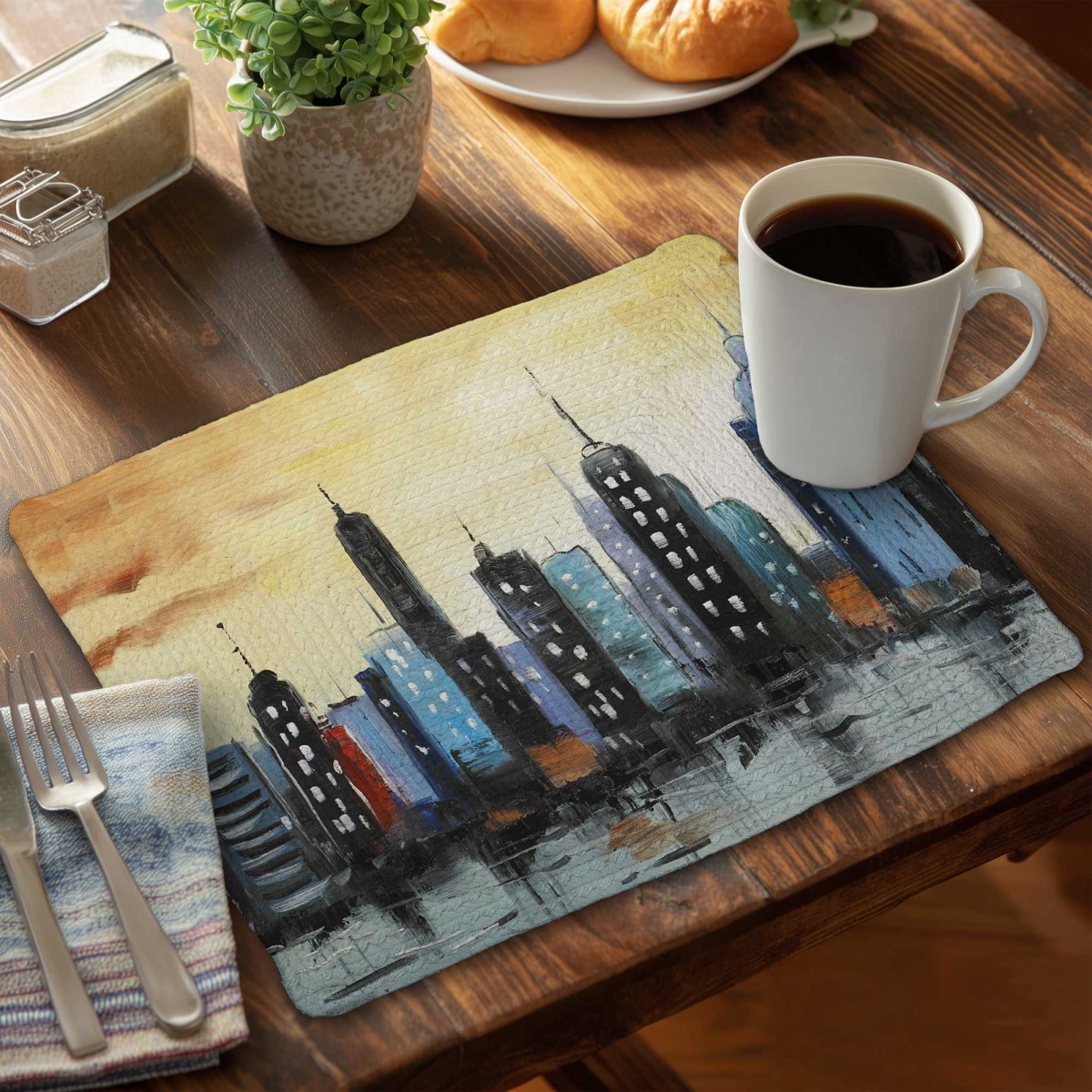 Picture of Begin Home Decor C6BP1418TKZ66I 14 x 18 in. Skyline on Cityscape Braided Polyester Placemat - Home Decor - Set of 6