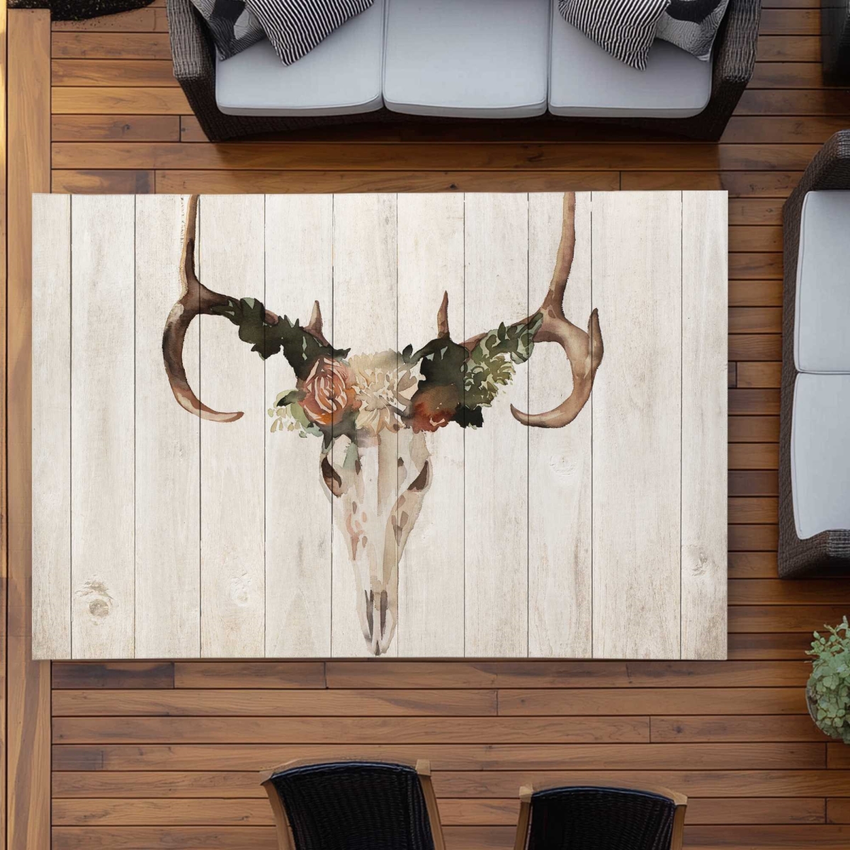 C1ROAR575TLX36 5 x 7 ft. Mule Deer Skull with Roses - Beige Outdoor Bathroom Rectangle Area Rug
