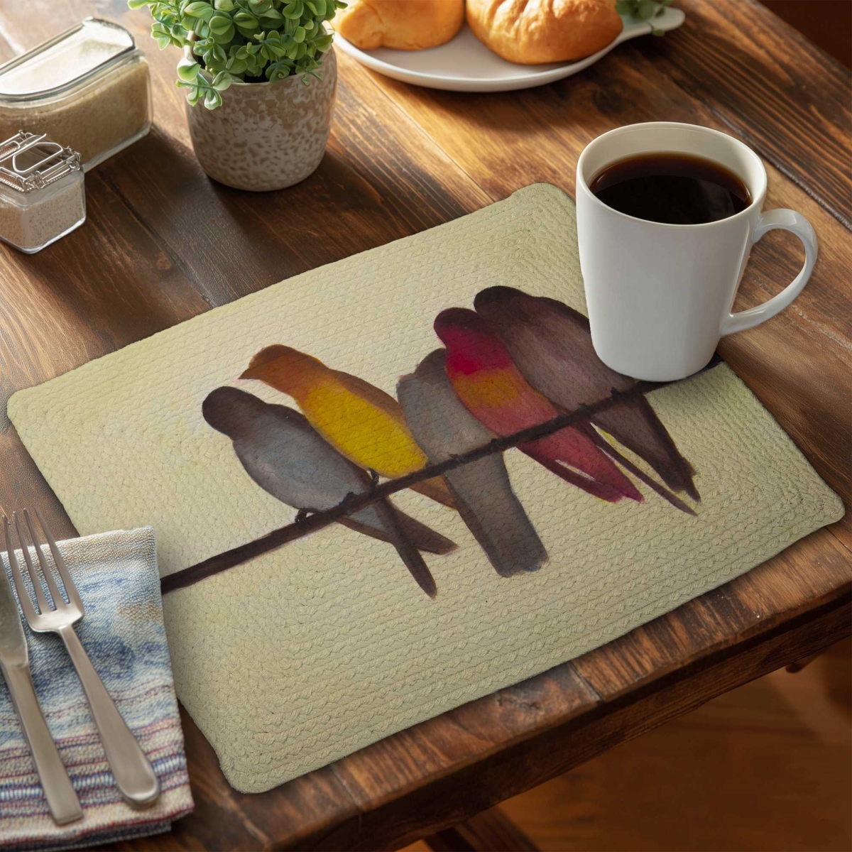 Picture of Begin Home Decor C6BP1418IJCSVB 14 x 18 in. Five Birds on a Branch Braided Polyester Placemat - Decor - Set of 6