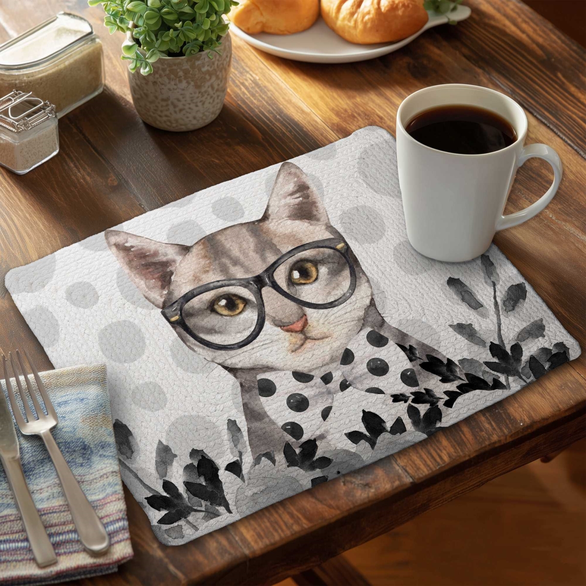 Picture of Begin Home Decor C6BP1418JRLQU0 14 x 18 in. Geek Cat - Braided Polyester Placemats for Home Decor - Set of 6