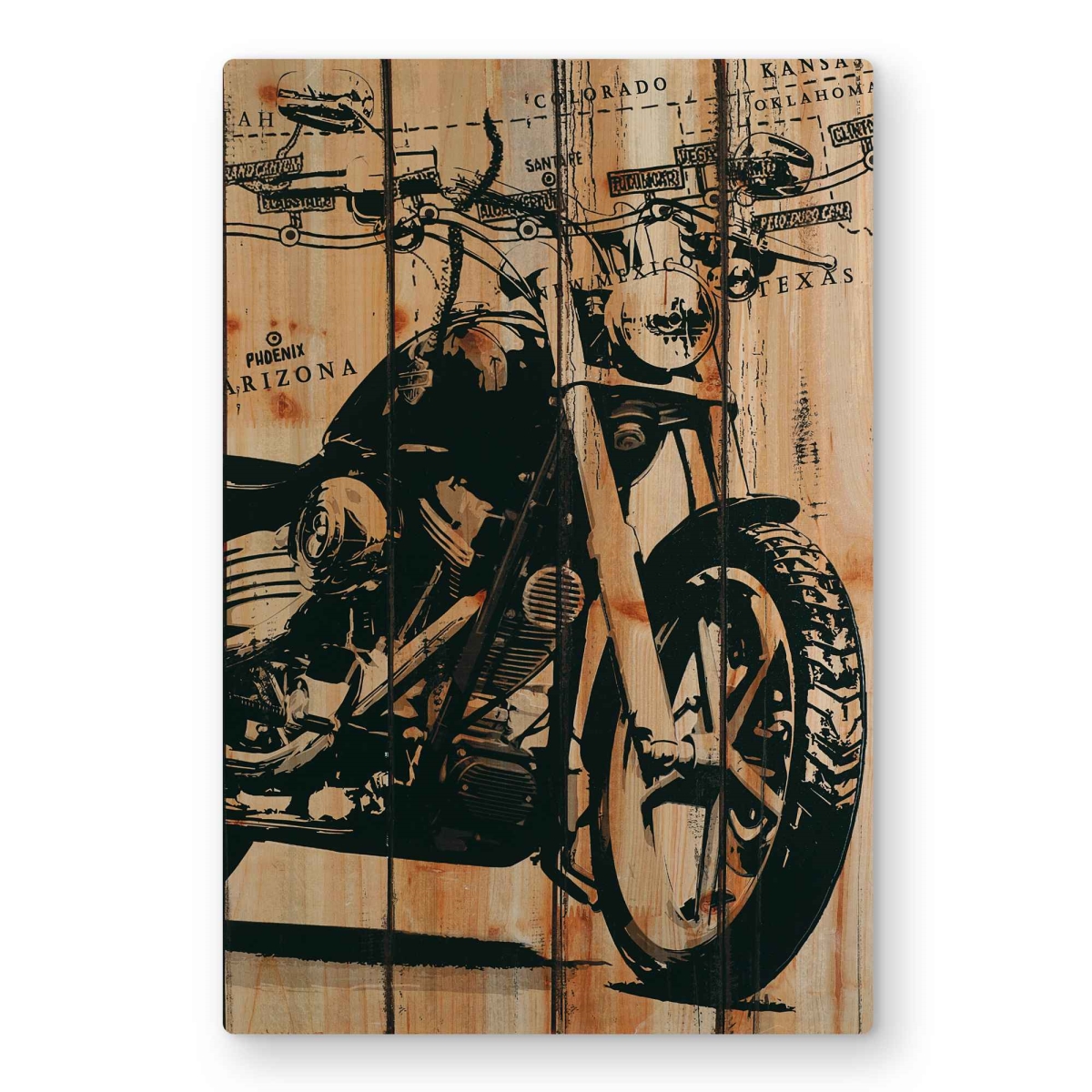 C1MP2436ZDW9Q0 24 x 36 in. Motorcycle On Wood Background Wall Art - Black Transportation Metal Print