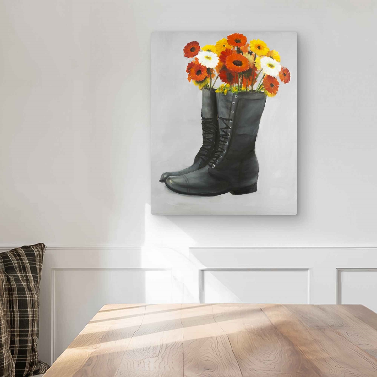 C1MP1620T377FU 16 x 20 in. Boots Full of Flowers Wall Art - Still Life Gray Metal Print Decor