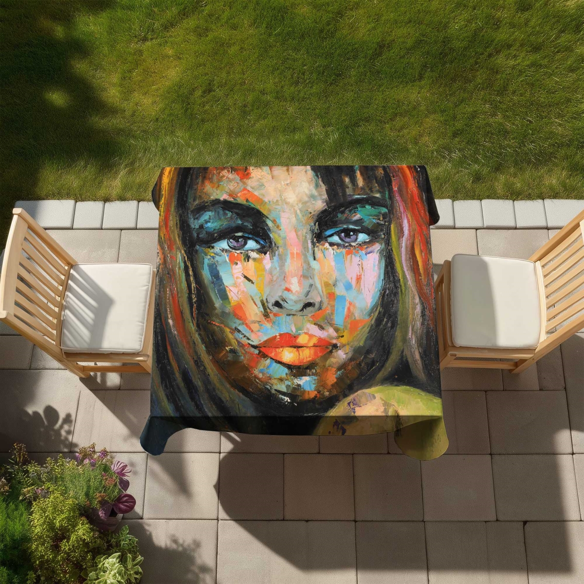 Picture of Begin Home Decor C1TC5858L4DVZA 58 x 58 in. Colorful Woman Portrait Tablecloth - Blue Figurative Decor