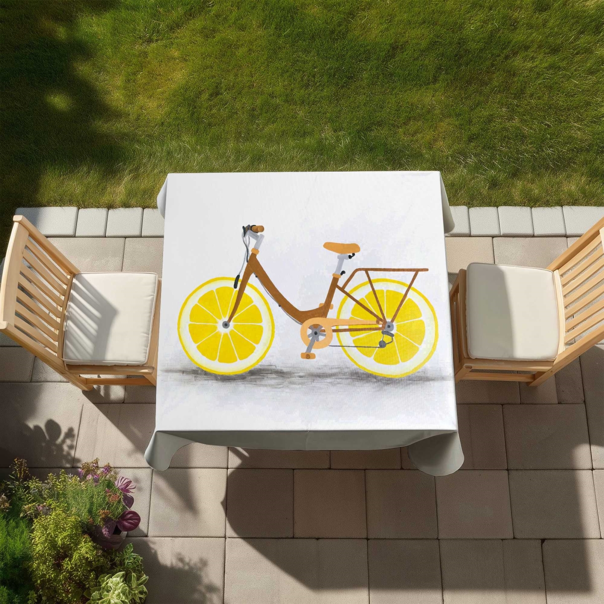 Picture of Begin Home Decor C1TC5858LPWAJC 58 x 58 in. Lemon Wheel Bike Tablecloth - Stylish Indoor & Outdoor Decor