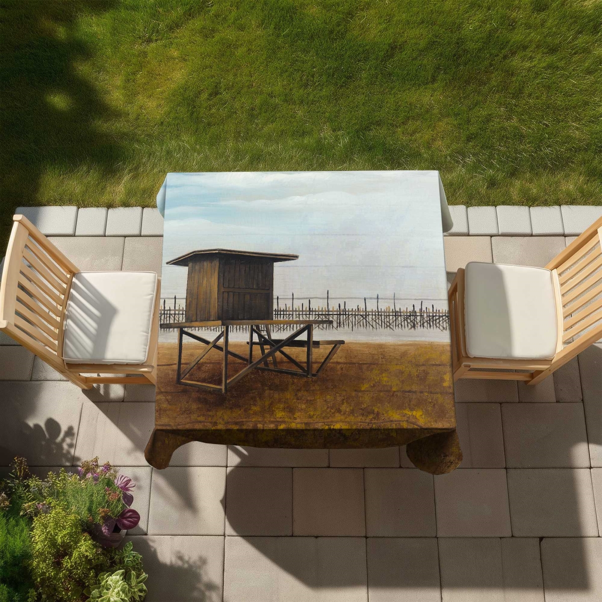Picture of Begin Home Decor C1TC5858NYHF26 58 x 58 in. Port Beach Lifeguard Tower Tablecloth - Indoor & Outdoor