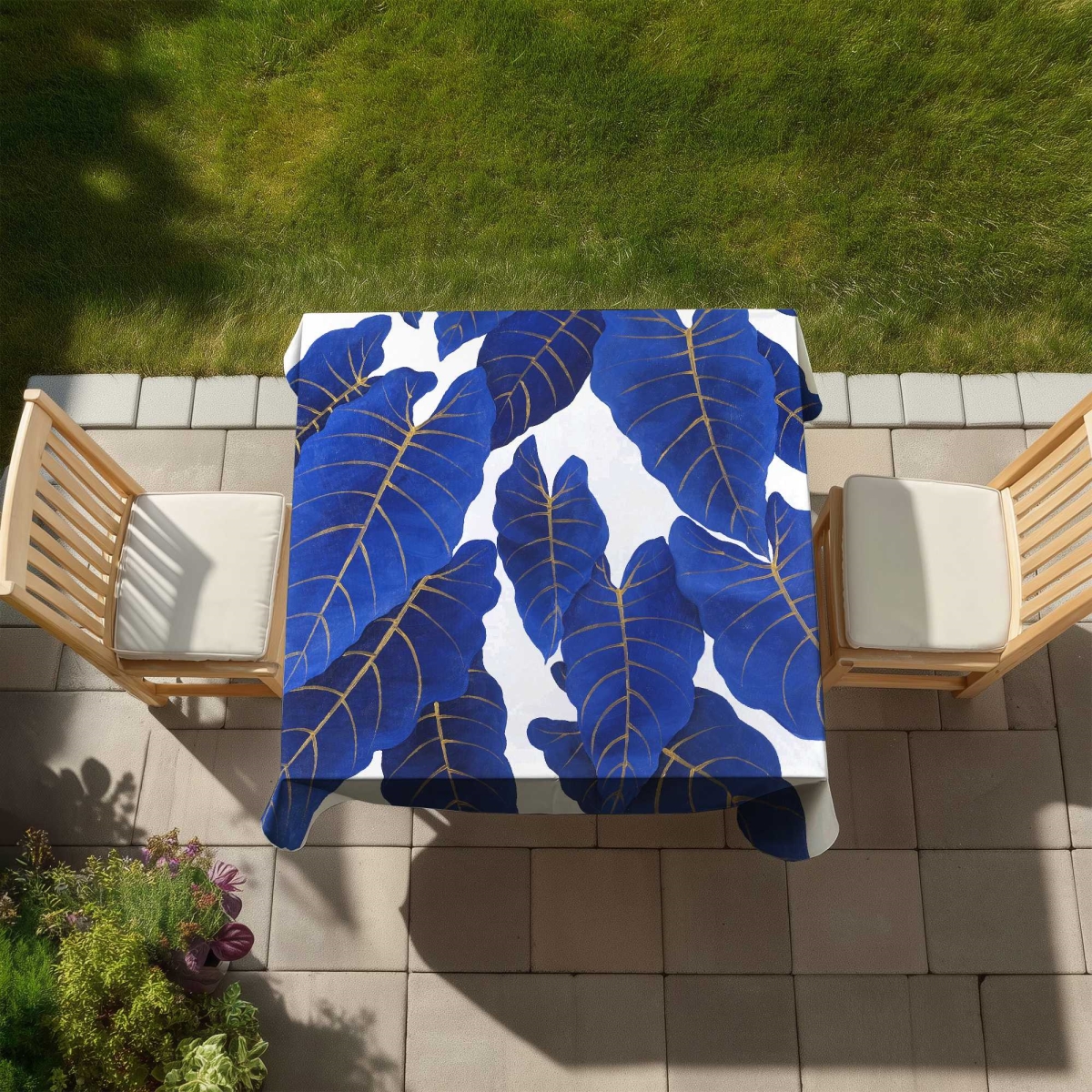 Picture of Begin Home Decor C1TC5858SE8FVW 58 x 58 in. Tropical Abstract Blue Leaves Tablecloth - Indoor & Outdoor