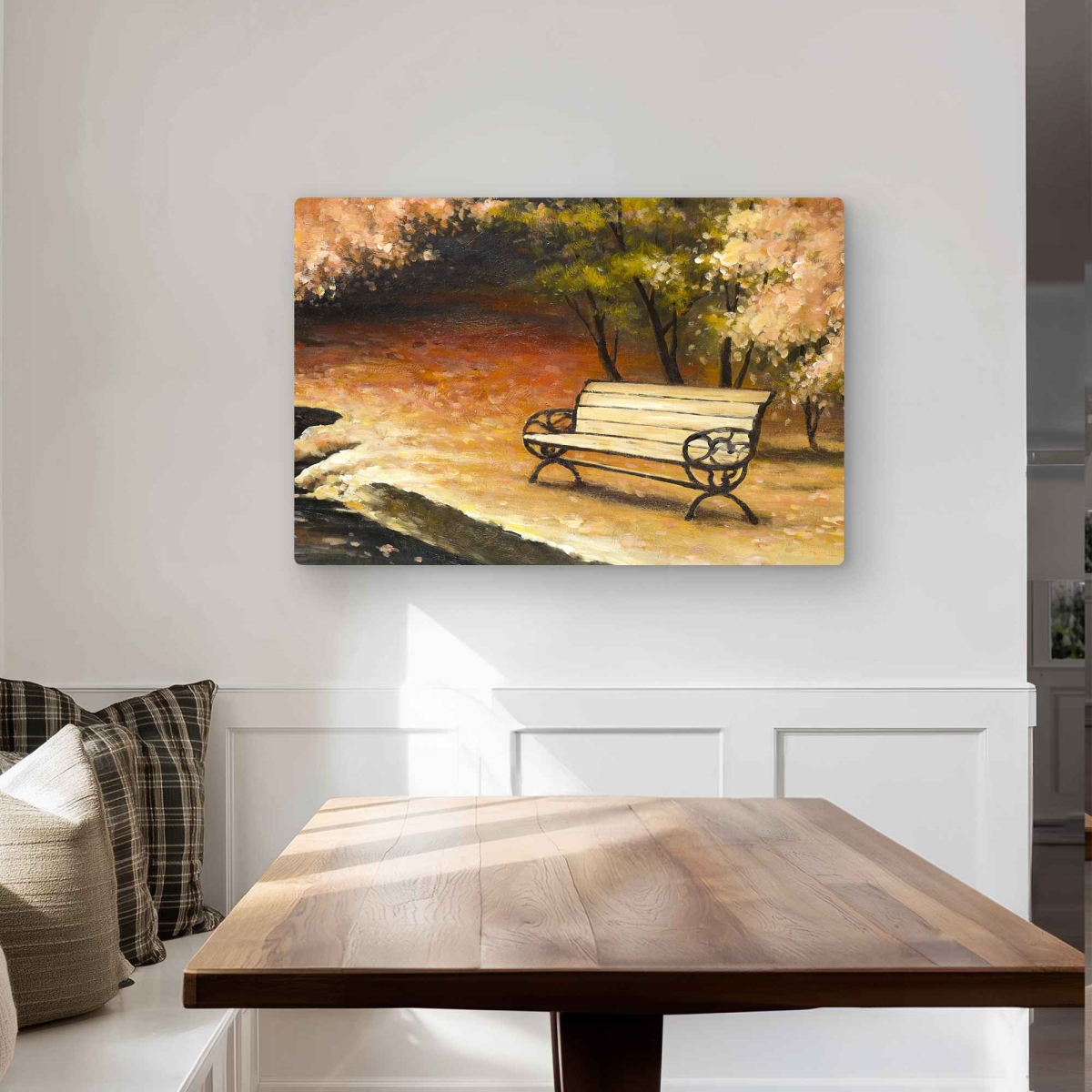 C1MP24365HBDKT 24 x 36 in. Park Bench by Fall - Coral Office Metal Print Wall Art for Home Decor