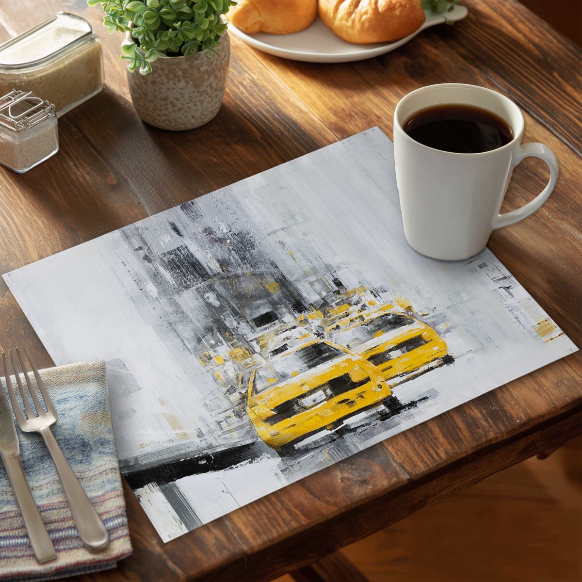 Picture of Begin Home Decor C4PP141884YOUW 14 x 18 in. Yellow Brooklyn Bridge with Taxis Polyester Placemat - Decor - Set of 4
