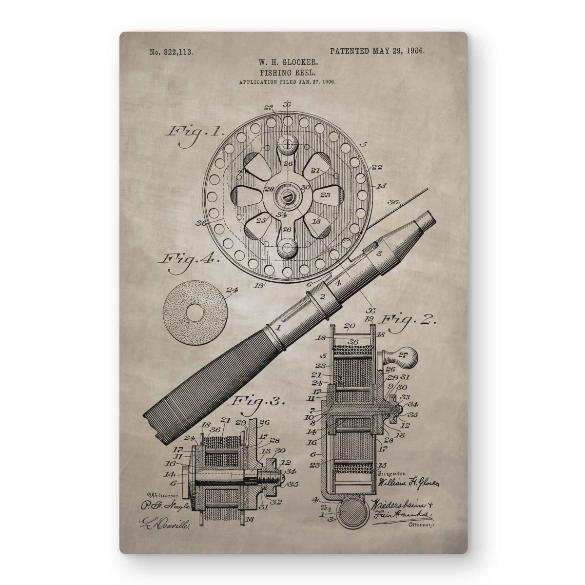 C1MP24369OFQFR 24 x 36 in. Beige Blueprint Fishing Reel Wall Art - Man Cave Metal Print Decor