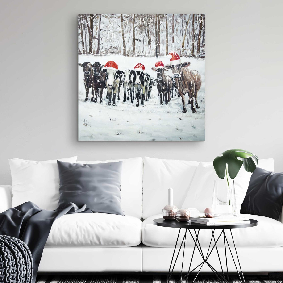 C1RC3232BUBIL7 32 x 32 in. Curious Christmas Cows - Rustic Canvas Home Decor Art