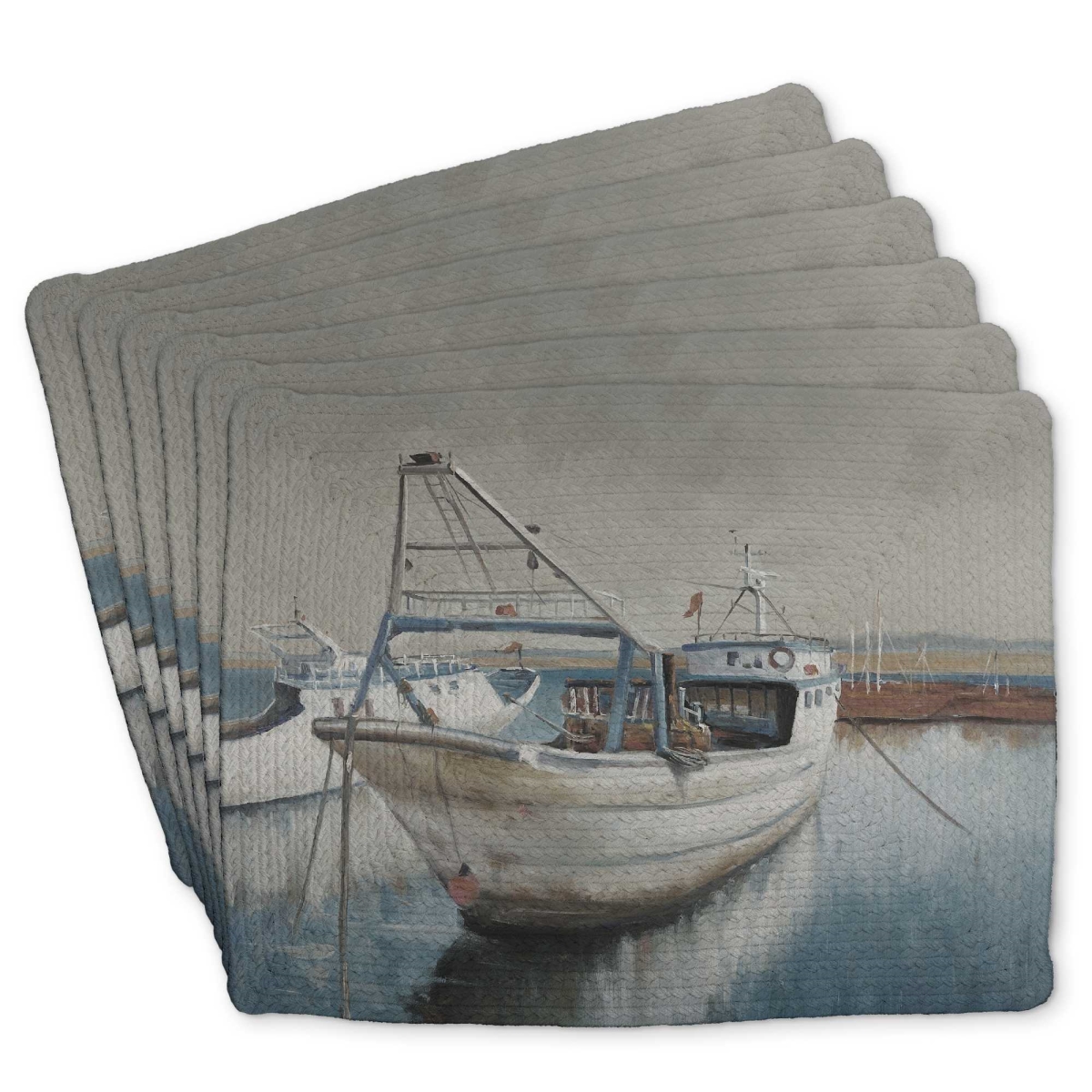 Picture of Begin Home Decor C6BP1418FLYKKU 14 x 18 in. Fishing Boat Desaturated Braided Polyester Placemat - Decor - Set of 6