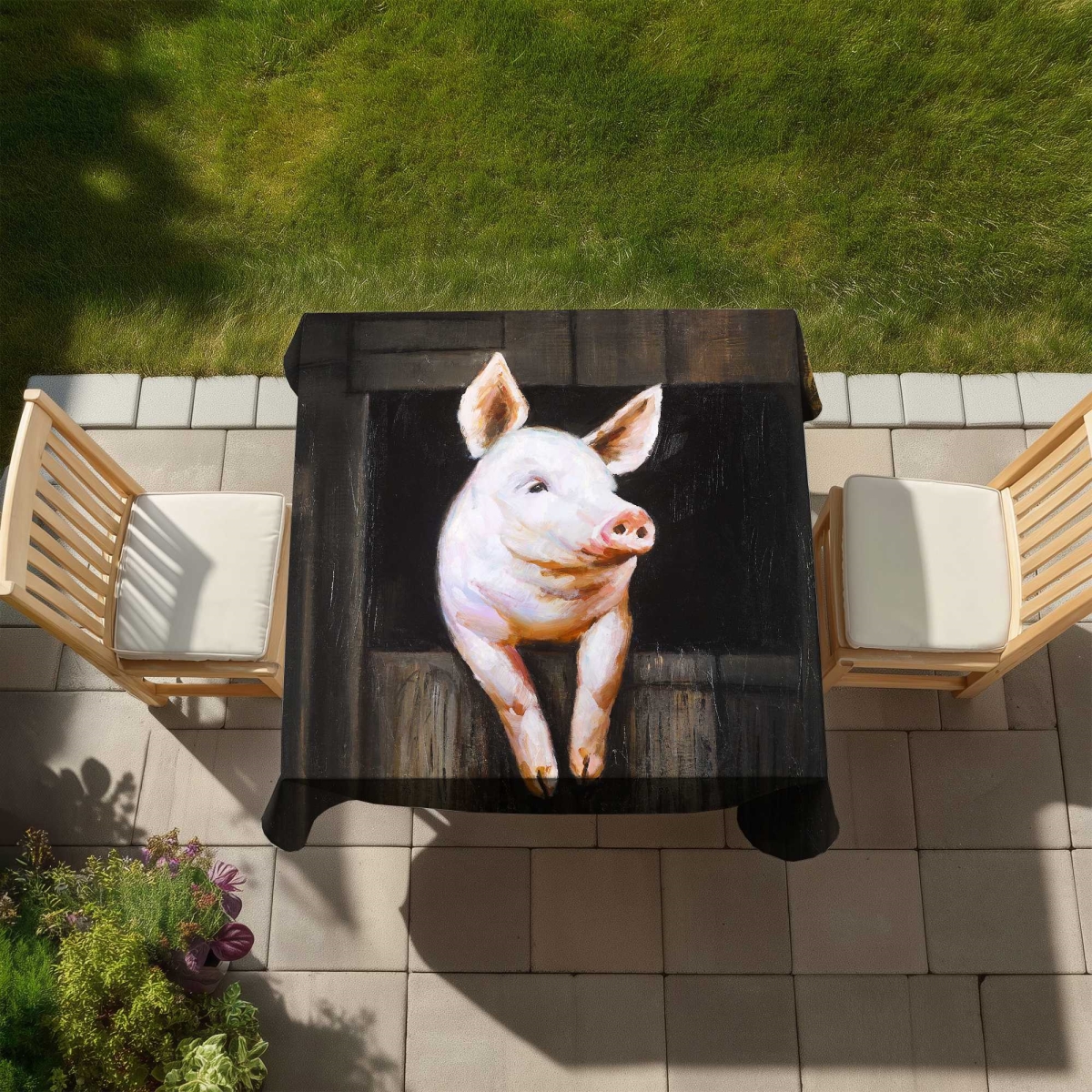 Picture of Begin Home Decor C1TC5858WCBTKQ 58 x 58 in. Smiling Pig Bedroom Black Tablecloth for Indoor & Outdoor