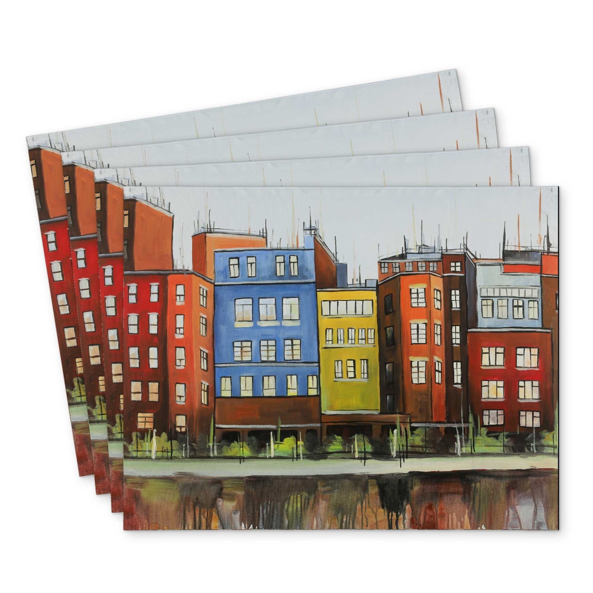 Picture of Begin Home Decor C4PP1418PJKY5K 14 x 18 in. Boston Colorful Buildings Polyester Placemat - Home Decor - Set of 4