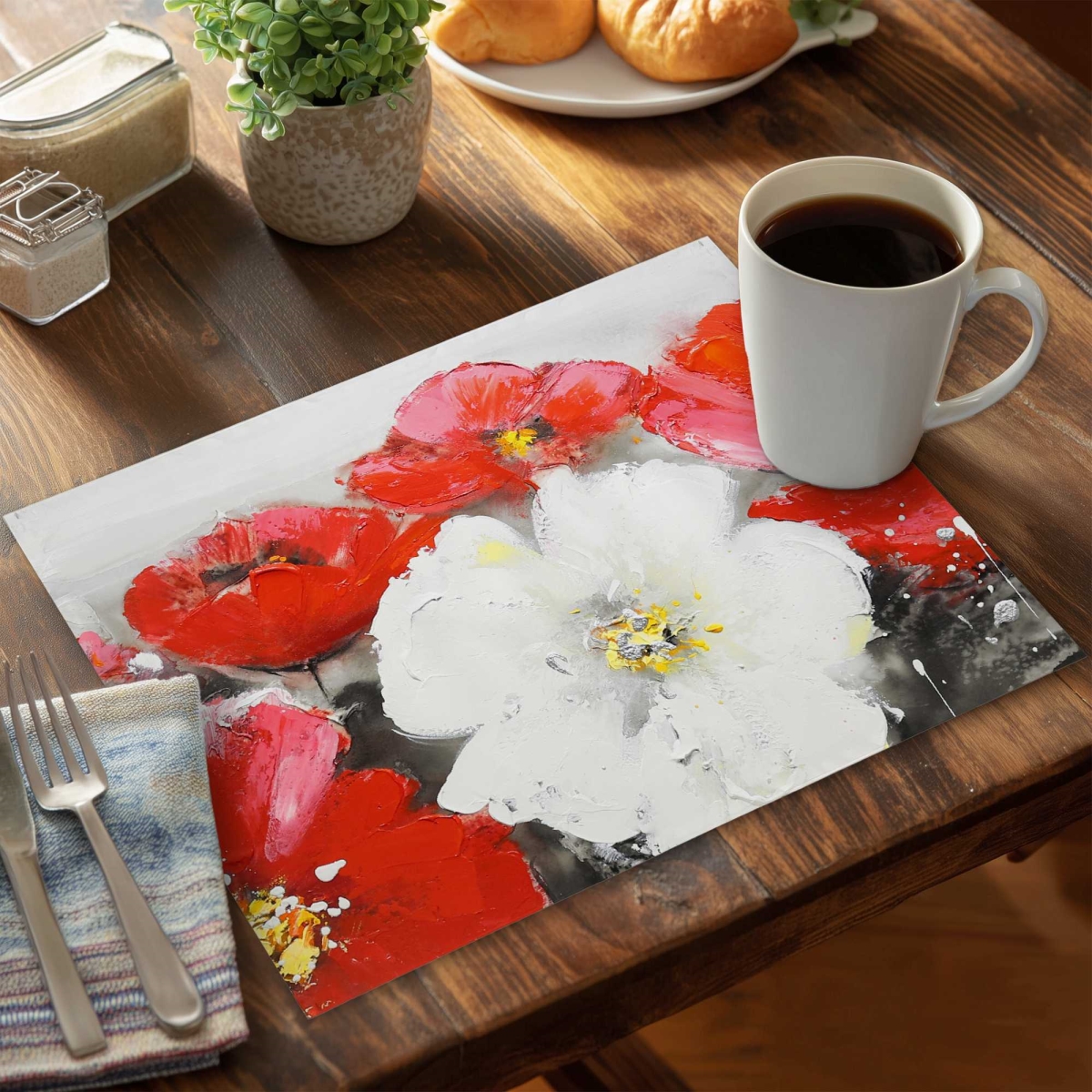 Picture of Begin Home Decor C4PP1418R4W67E 14 x 18 in. Red & White Flowers Field Polyester Placemat - Home Decor - Set of 4