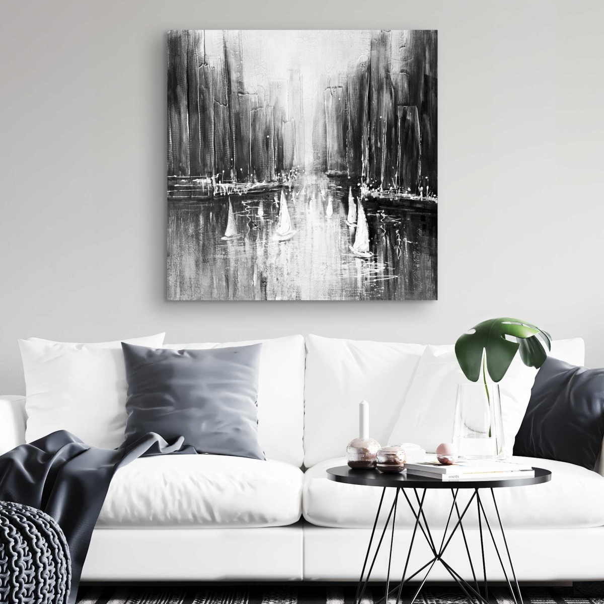 C1RC323212Y03I 32 x 32 in. Grayscale Boats on the Water - Black & White Canvas Art