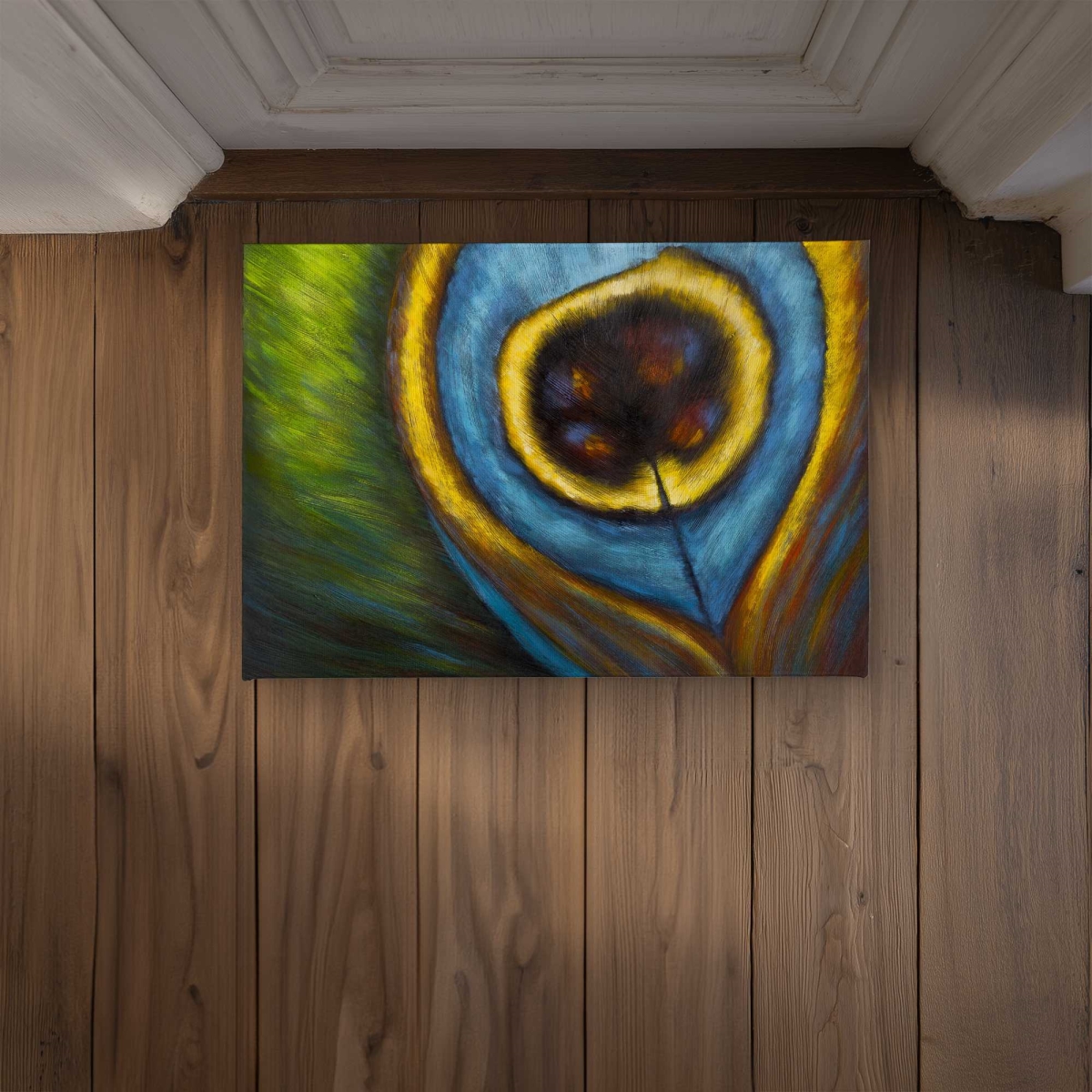 CODM1724IQ7B0T 17 x 24 in. Peacock Feather Closeup - Yellow Romantic Door Mat - Decor