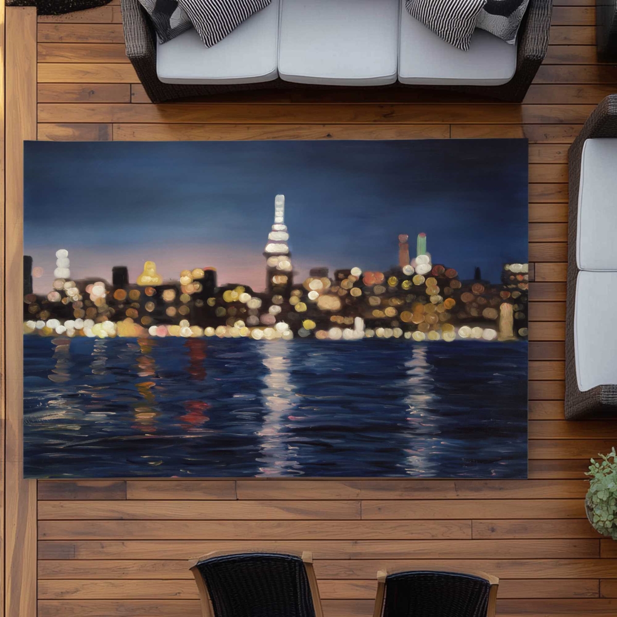 C1ROAR578KYTOY 5 x 7 ft. Blurry City with Water by Night - Turquoise Outdoor Rectangle Area Rug