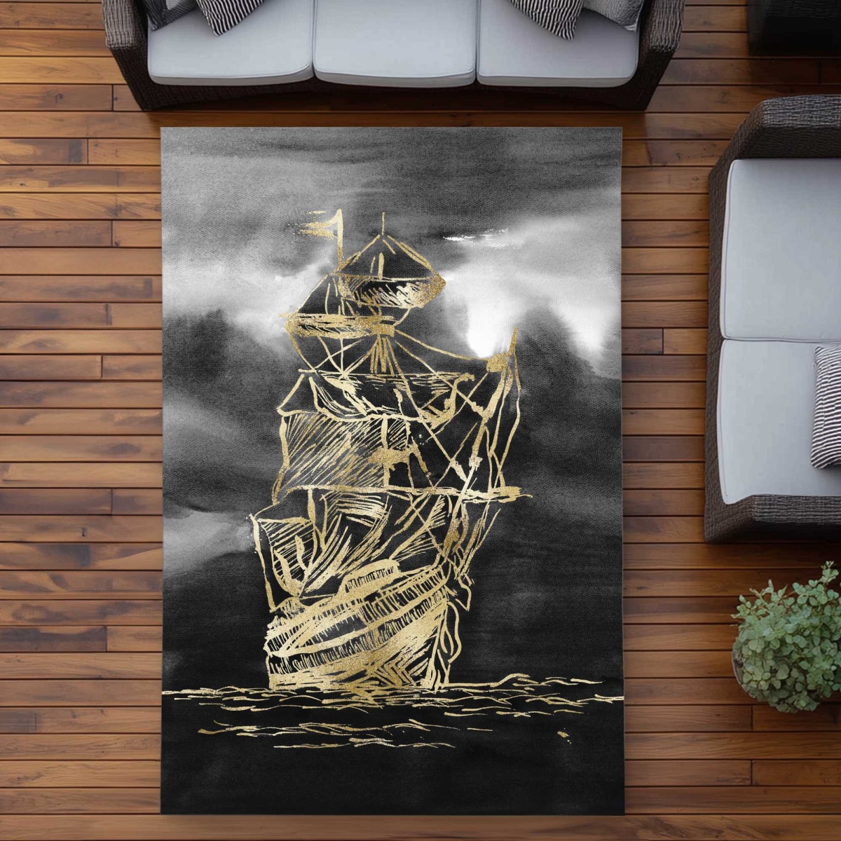 C1ROAR57GK3NZN 5 x 7 ft. Sailing Little Ship Illustration Rectangle Area Rug - Coastal Home Decor