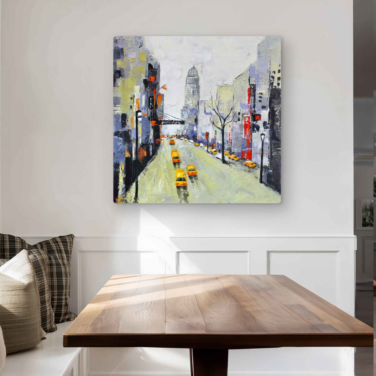 C1MP32321BTC87 32 x 32 in. Gray Street with Yellow & Red Accents Wall Art - Metal Print Decor