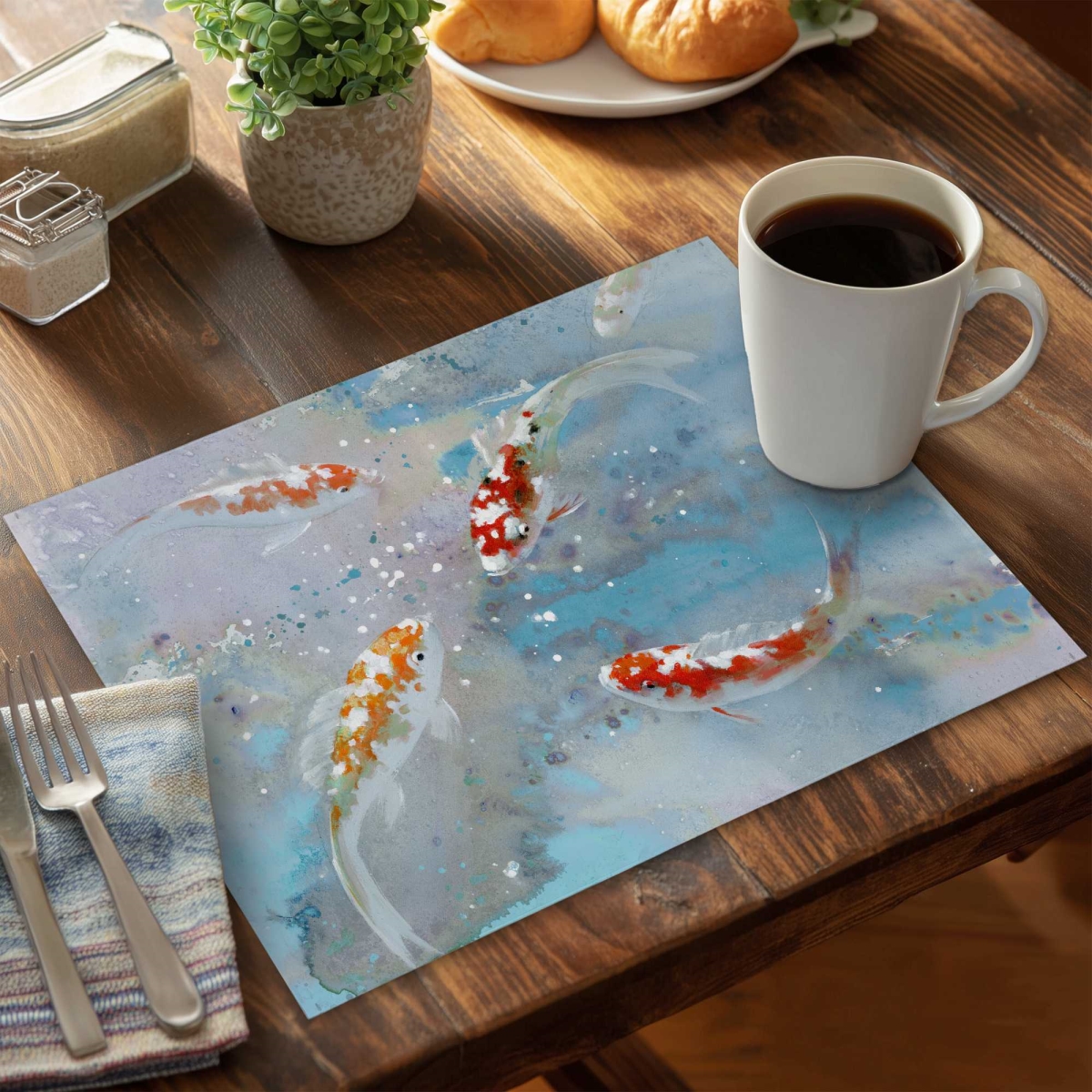 Picture of Begin Home Decor C6PP1418HZYCRM 14 x 18 in. Koi Fish Swimming in Blue Water Polyester Placemat - Decor - Set of 6