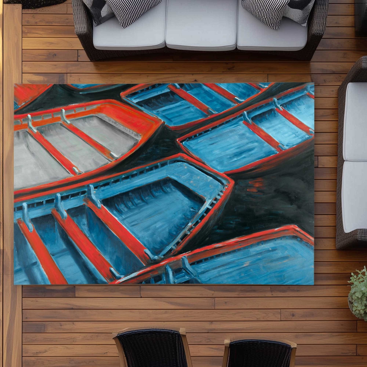 C1ROAR57OZL4RO 5 x 7 ft. Small Blue & Red Canoes Rectangle Area Rug - Coastal Boat Outdoor Decor