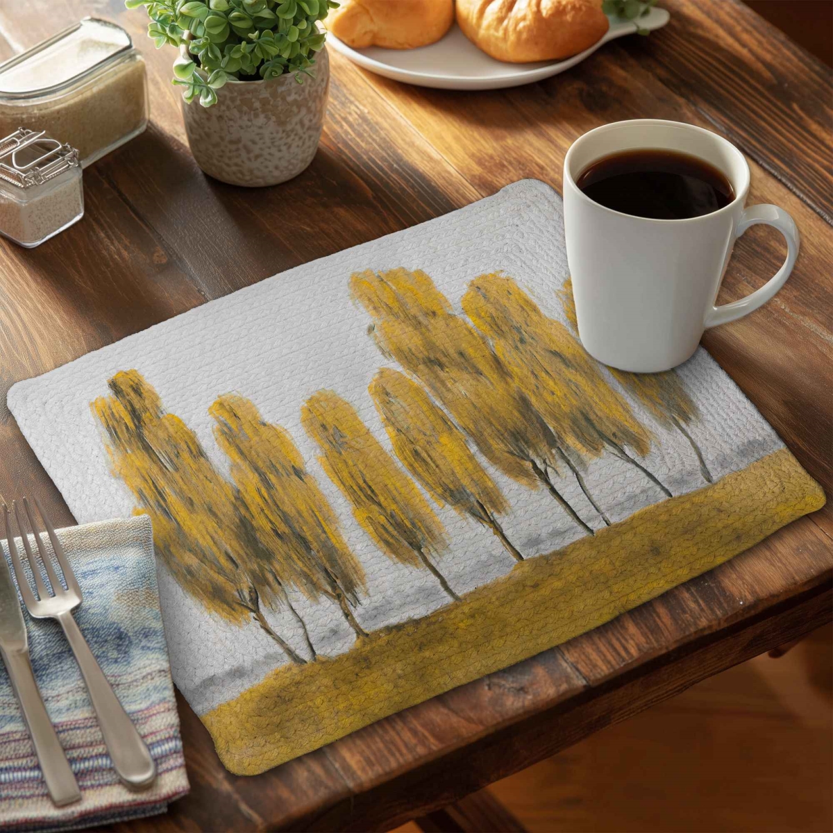 Picture of Begin Home Decor C6BP14188HFQ7H 14 x 18 in. Seven Abstract Yellow Trees - Braided Polyester Placemat - Set of 6
