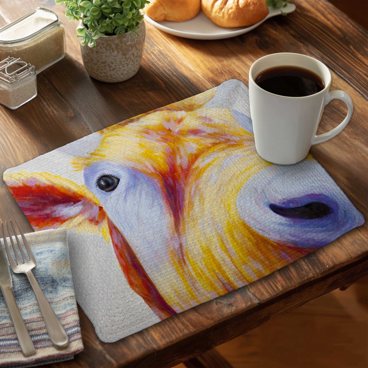 Picture of Begin Home Decor C6BP141894B33B 14 x 18 in. Colorful Country Cow Braided Polyester Placemat - Home Decor - Set of 6