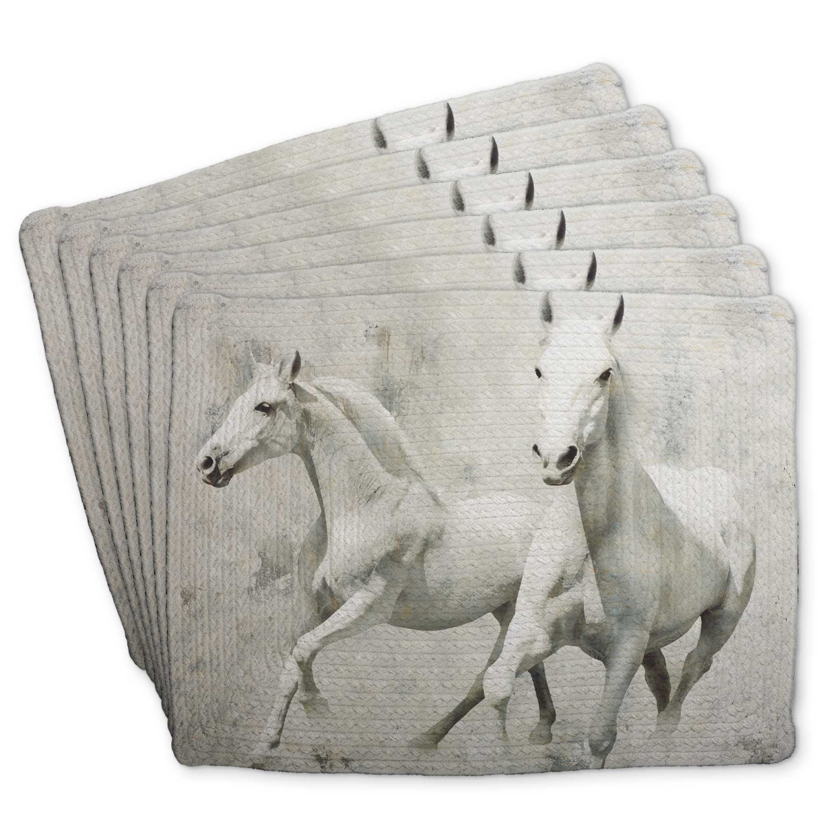 Picture of Begin Home Decor C6BP1418EFN4L3 14 x 18 in. Two White Horse Running Braided Polyester Placemat - Decor - Set of 6