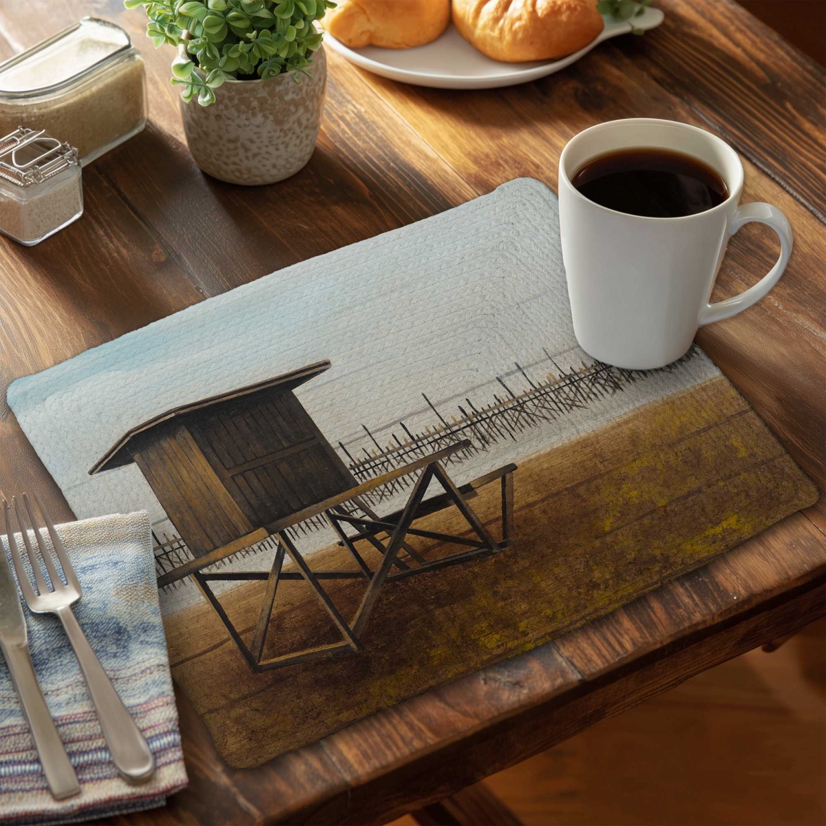 Picture of Begin Home Decor C6BP1418GZ0XA3 14 x 18 in. Port Beach Lifeguard Tower Braided Polyester Placemat - Set of 6