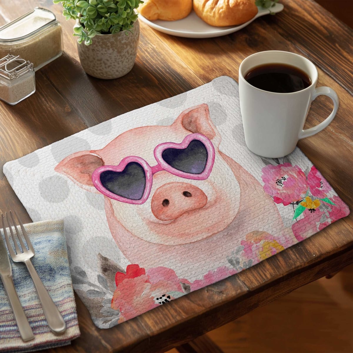 Picture of Begin Home Decor C6BP1418JPZKDS 14 x 18 in. Little Pig in Love - Braided Polyester Placemat - Set of 6