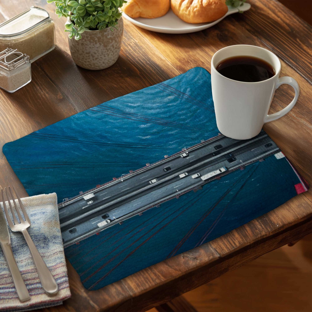 Picture of Begin Home Decor C6BP1418OQEUVH 14 x 18 in. Overhead View of Traffic on the Golden Gate - Braided Placemat - Set of 6