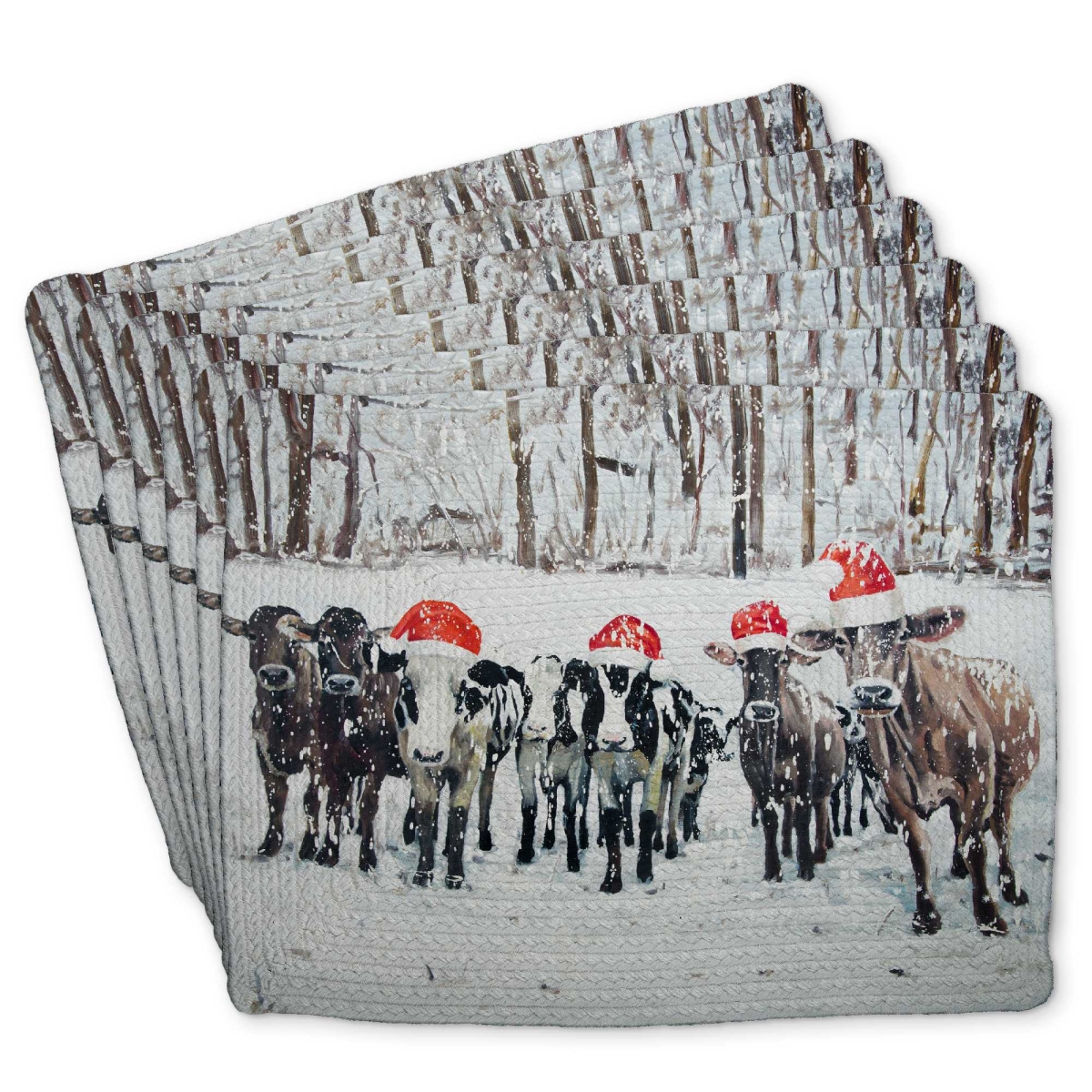 Picture of Begin Home Decor C6BP1418SP085A 14 x 18 in. Curious Christmas Cows - Braided Polyester Placemat - Set of 6