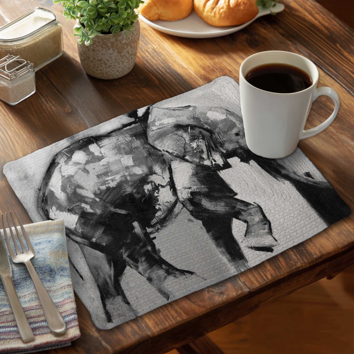 Picture of Begin Home Decor C6BP1418U2XTDS 14 x 18 in. Beautiful Monochrome Elephant Braided Polyester Placemat - Set of 6