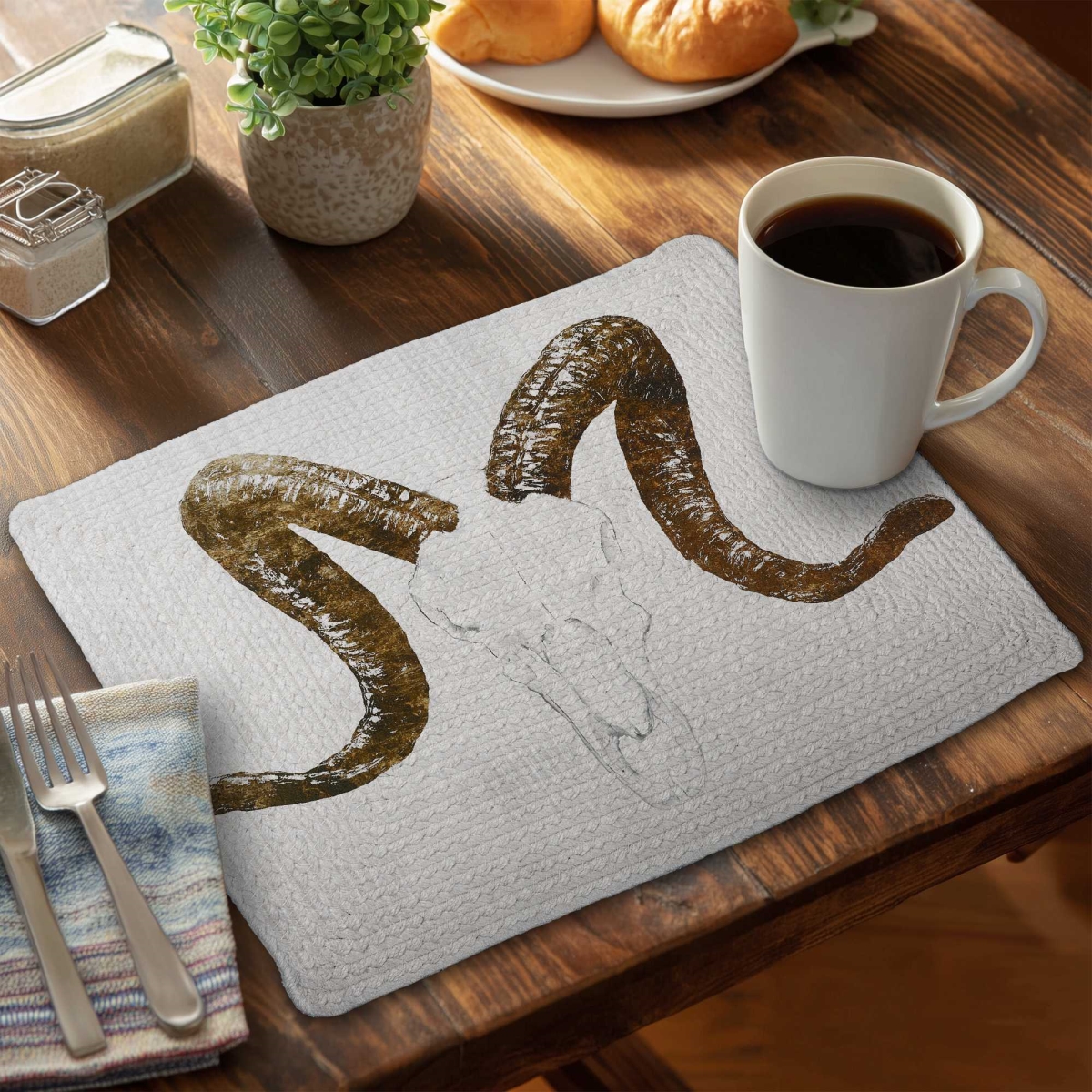 Picture of Begin Home Decor C6BP1418VXLZAQ 14 x 18 in. Aeries Skull with Brown Horns - Braided Polyester Placemat - Set of 6