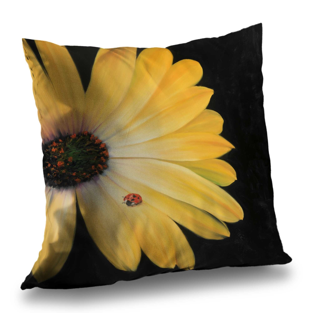 C1PC1414E2B16H 14 x 14 in. Yellow Daisy & Ladybug - Ative Poly Twill Throw Pillow