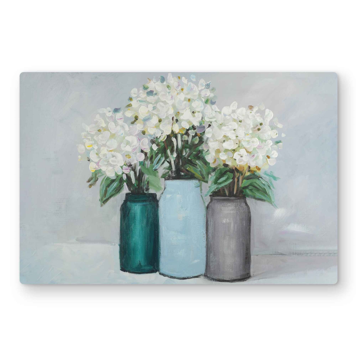 C1MP2436HBSNWP 24 x 36 in. Hydrangea Flowers In Blue Vases Wall Art - White Bathroom Metal Print