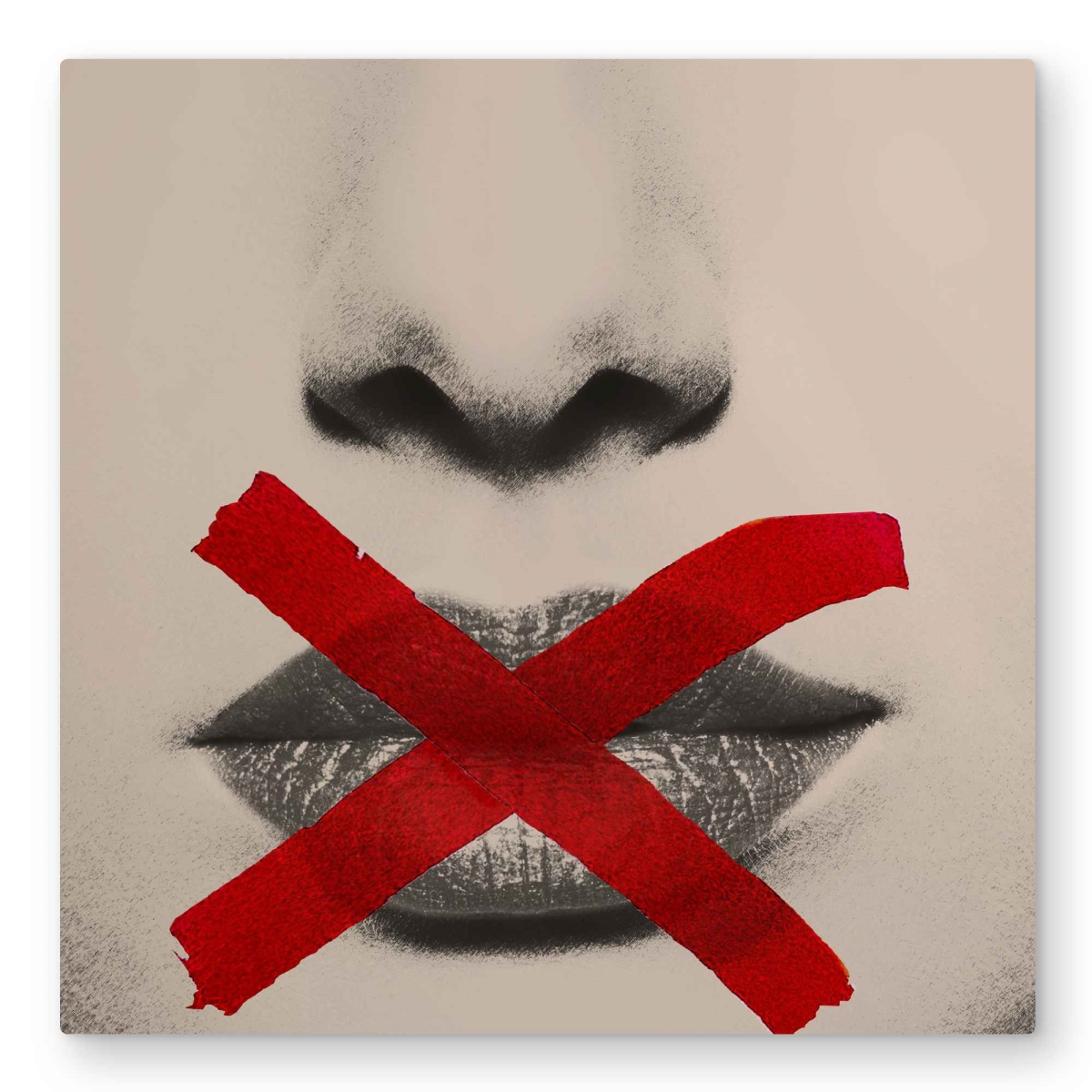 C1MP3232K8MQSA 32 x 32 in. Grayscale Lips with Red x Wall Art - Figurative Gray Metal Print