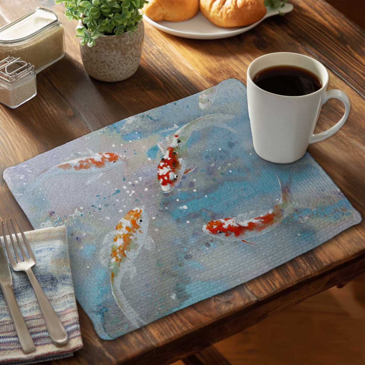 Picture of Begin Home Decor C6BP141849QMY4 14 x 18 in. Koi Fish Swimming in Blue Water Braided Polyester Placemat - Set of 6