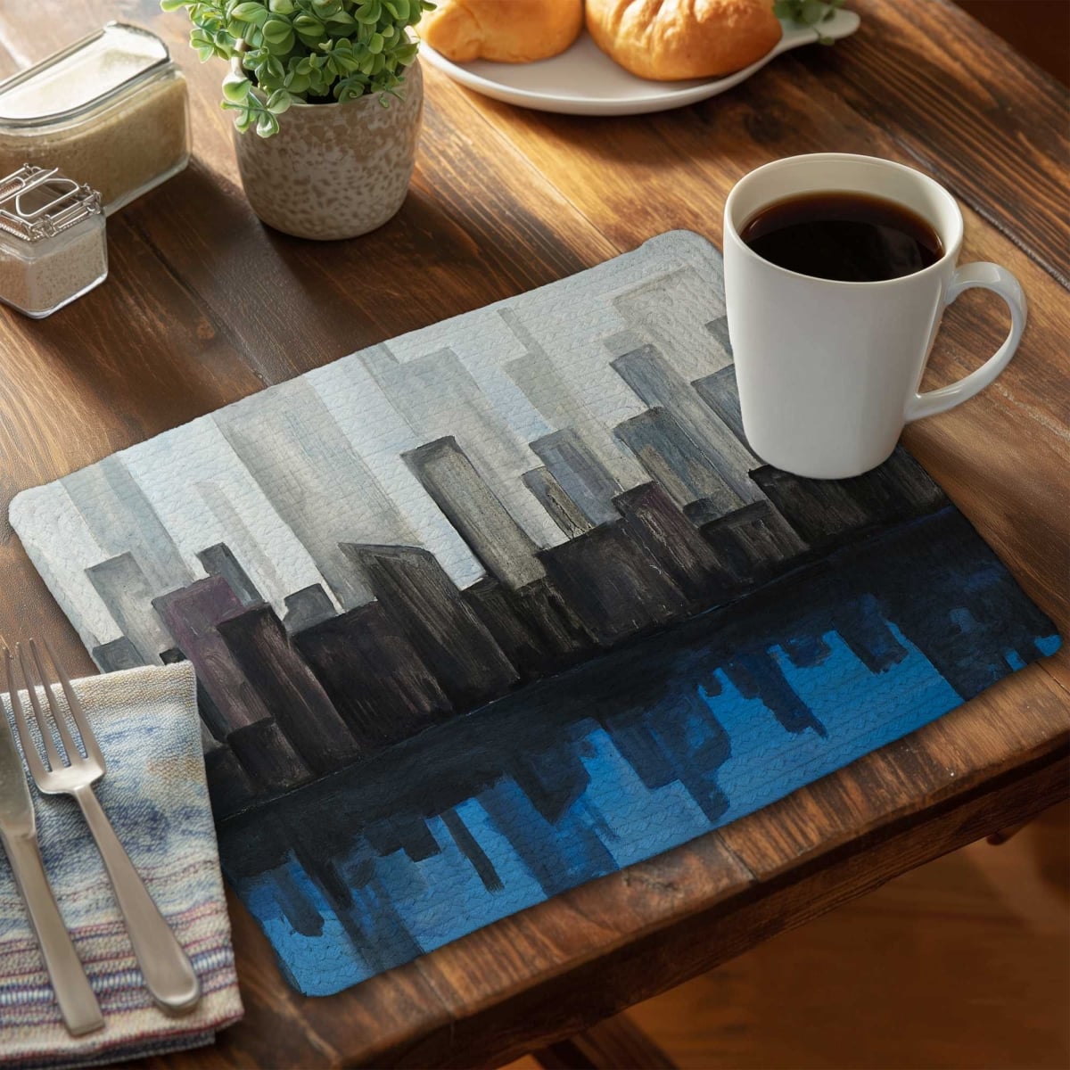 Picture of Begin Home Decor C6BP14184M2LZX 14 x 18 in. View of a Blue City Braided Polyester Placemat - Home Decor - Set of 6