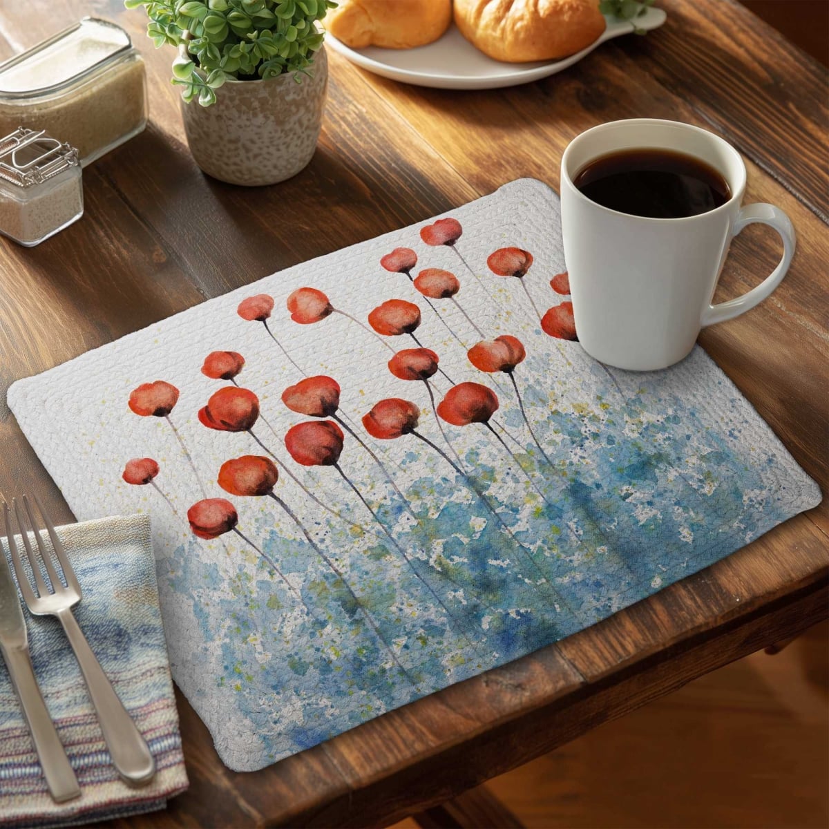 Picture of Begin Home Decor C6BP1418871X0J 14 x 18 in. Red Flowers with Blue Paint Splash Braided Polyester Placemat - Set of 6